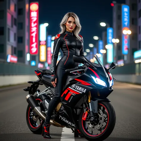 A photorealistic masterpiece in Ultra HD. 
BREAK; A stunning 20-year-old Indonesian woman with ash-gray hair, who is an Instagram model. She stands confidently on a Tokyo city track with glowing neon lights wearing a sleek racing suit. Her pose is both ele...