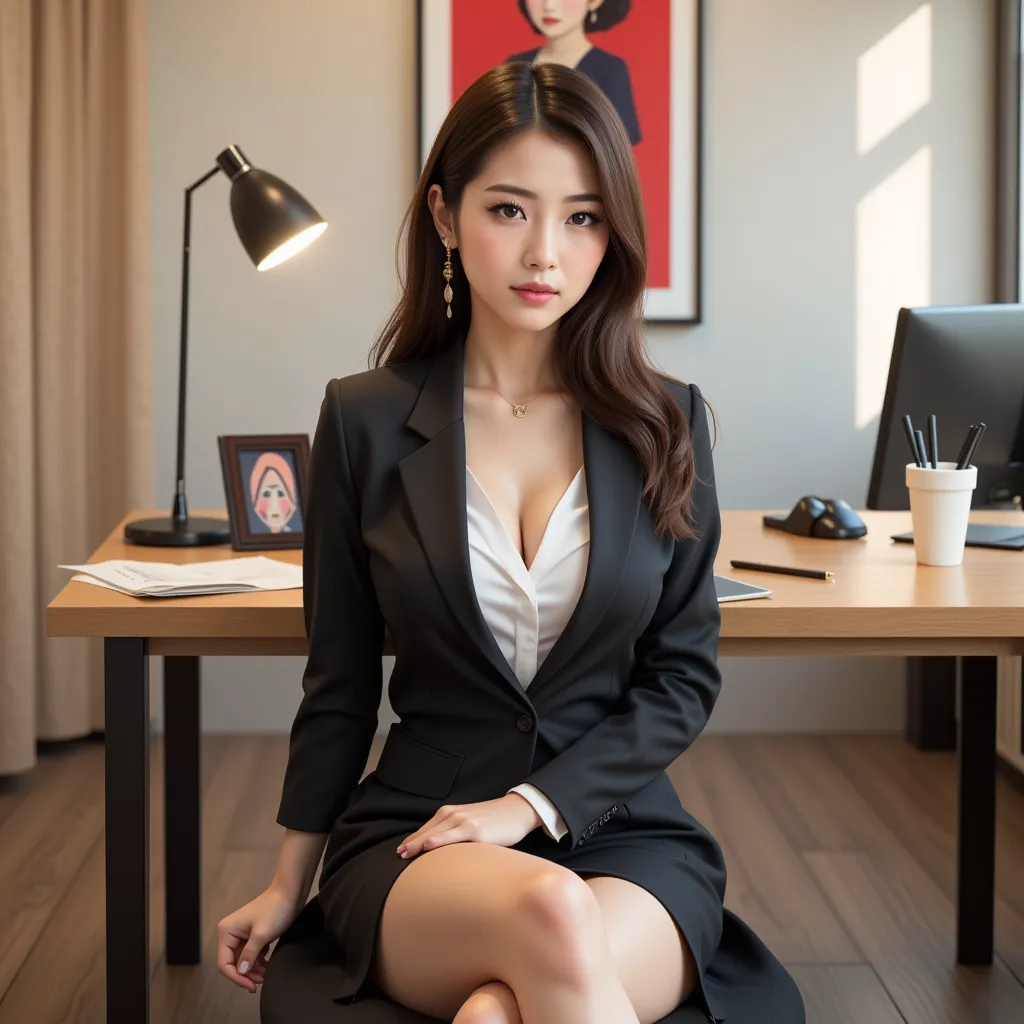 a woman in a business suit sitting in a chair, japanese model, sitting on a desk, on the desk, nara yoshitomo, in office, poster, japanese goddess, office attire, she is sitting at a desk, young sensual gravure idol, elegant legs, deayami kojima, (best qua...