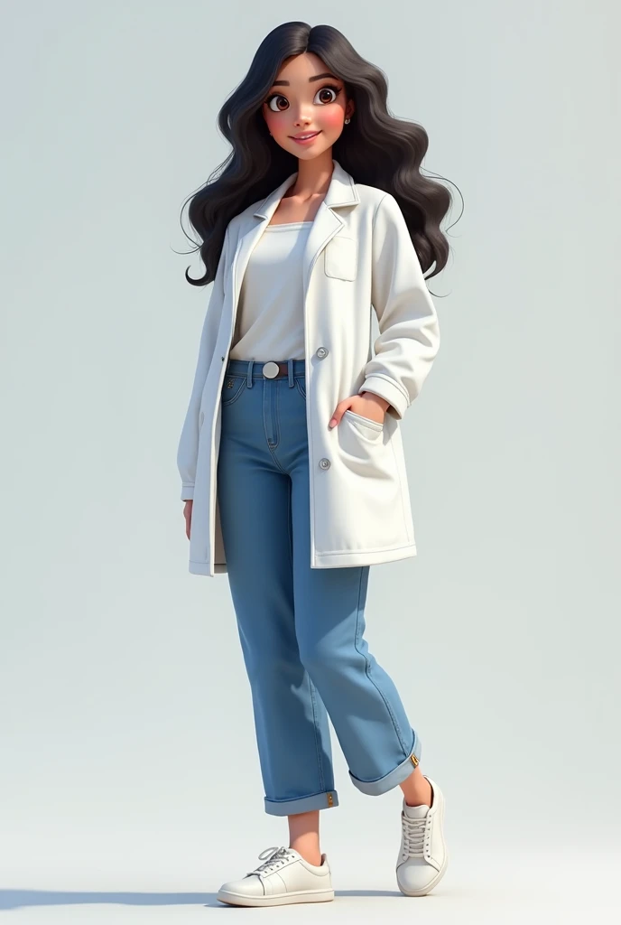 Pixar-style poster of a fair-skinned woman, with cropped and blue jeans with white sneakers and with lab coat full body wavy black hair 