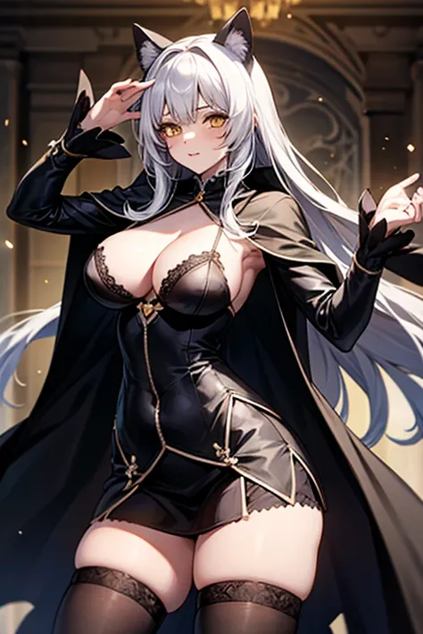 SistermonNoir, 1girl, solo, long hair, large breasts, silver hair, black thighhighs, long sleeves, animal ears, cleavage, yellow eyes, cape, sexy black lingerie, black cat -shaped cloak on its head,