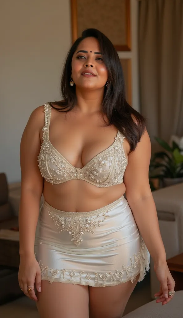 Full body image, extreme wide angle shot, wide angle picture, front view Full body image, indian hourglass body, Indian plus sized 25 year old Telugu bride anasuya, lovely face, mouth wide open, large swooping breasts, belley button exposed, partially clos...