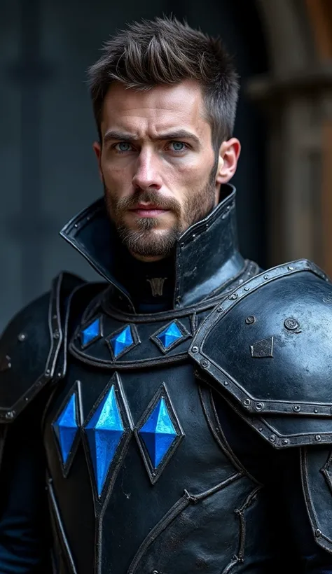  A blue-eyed medieval hero ,  lightning element ,  with black metal armor with blue diamond detail,  in a dark, burnt place , no beard and short hair .  The diamond detail is absent on the chest ,  is in stripes along the sides of the armor  