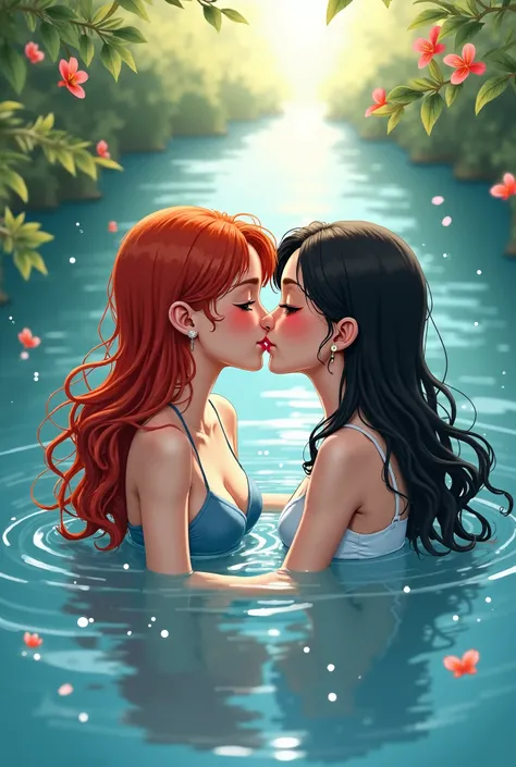 A very beautiful girl is swimming with her red-haired friend and they kiss each other from the mouth