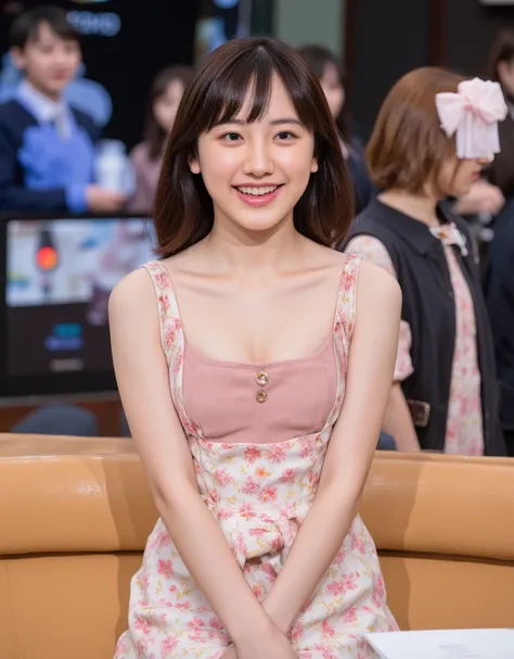 mana, 20 years old, 158cm, cute, clear, Firm Breasts, (Thick lips), happy ecstasy expression, medium long hair, beautiful style hair, wearing blue short dress, ((To unbutton one's clothing and expose one's chest)), ((at the TV studio)), sitting at the coun...