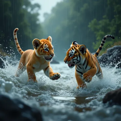 
when baby lion and baby tiger playing in the river side , The wind howled, and the rain poured. The river swelled, and the current grew strong.