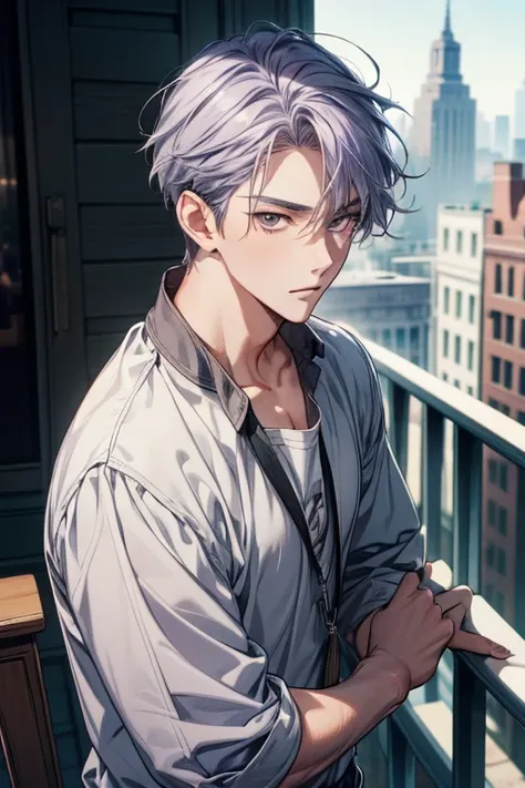 anime boy, handsome face, violet hair, gray eyes, wearing casual clothes, looking at the viewer, midday balcony background (sharp eye details, sharp face details, body details), (make high resolution images), (make 4k and 8k images), (masterpiece)