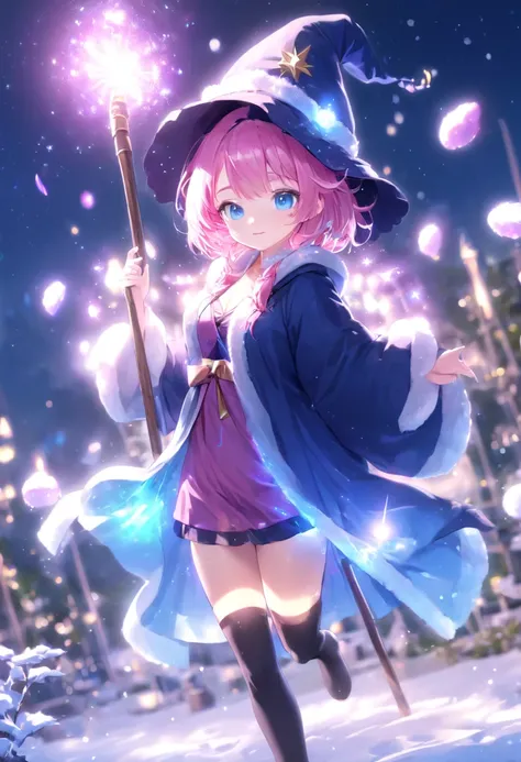 Anime, cute girl,  wizard hat, Robe,  Thigh Highs , I have an ancient cane,  happy,   midnight on a floating island, bloom,  ambient occlusion , Shine, Shineing lights,  Light Particles ,  transparent,  translucent , Bokeh,  Depth of Coverage, snow, wind、 ...