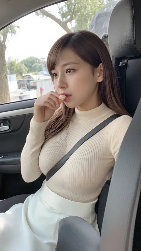 girl sitting in the passenger seat of a car 。 wearing a beige turtleneck knit 、 wearing a white tight mermaid long skirt 、 long haired girl, eating away 、 beautiful brown hair 。 car seat belt hits my chest and cuts in、 emphasizes her big breasts 。 im...