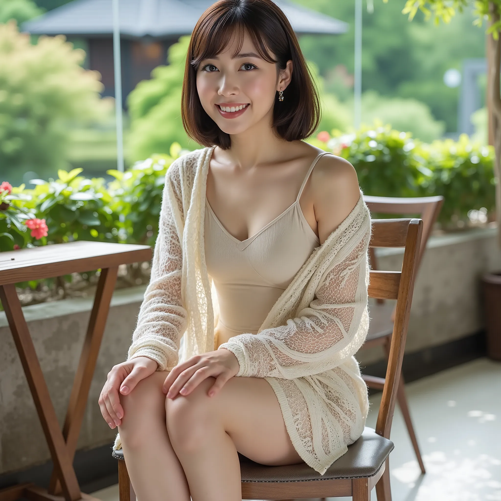 『1 personの日本人の女の子:1.3』『 real フォト:1.3』 top quality:1.2、(( big breasts))、 shows a little cleavage、(( 40 year old woman))、(( have red cheeks ))『 teeth and smiling:1.9』、((( anatomically correct、 perfect anatomy、 anatomically correct指)))、 by Nomi,  top quality,...