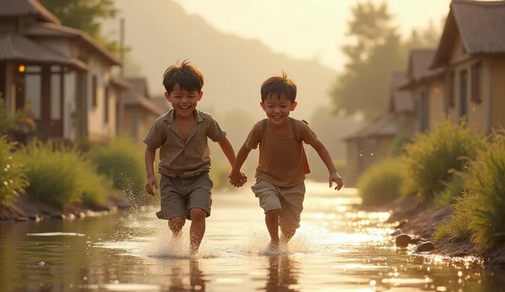 Two young boys, one wearing simple clothes and the other in slightly richer attire, playing joyfully together in a small village. They are smiling, holding hands, and running near the riverbank.