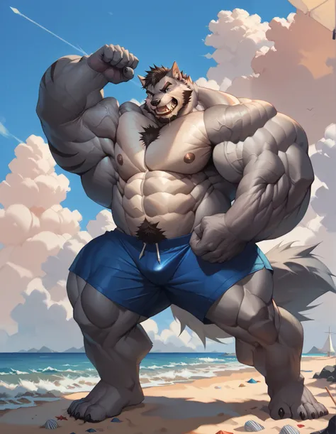 bara grey wolf, fur, very large pecs, strong physique, very muscular, perfect anatomy, masterpiece, strong jaw, giant biceps, shirtless, hairy pectorals, solo, great lighting, beach, shorts