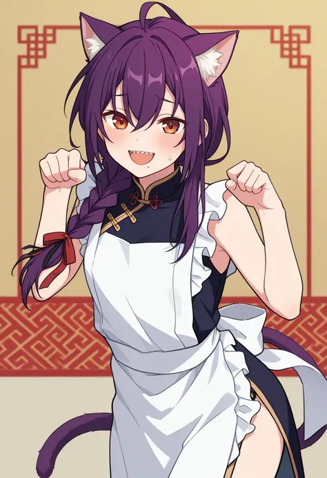 masterpiece, best quality, 
mayoi, 1girl, kawaii, solo, purple hair, braid, single braid, long hair, ahoge, hair between eyes, hair over shoulder, ribbon, hair ribbon, closed mouth, mole, mole under mouth, china dress, cat ears, red ribbons, bare shoulders...