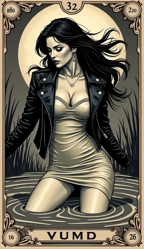  Masterpiece ,  better quality, Tarot, antique aesthetics  , Tarot card wording "Drowning", symbolism,  ikonografiya , Numerology,  Art , satin dress,  biker jacket ,  passionate vulnerable diva ,  stuck in a mud swamp, sexual tension , posing,  line graph...