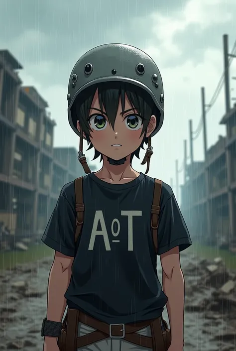 Anime boy is wearing helmet and black t shirt with aot logo in the battlefield.weather is raining 