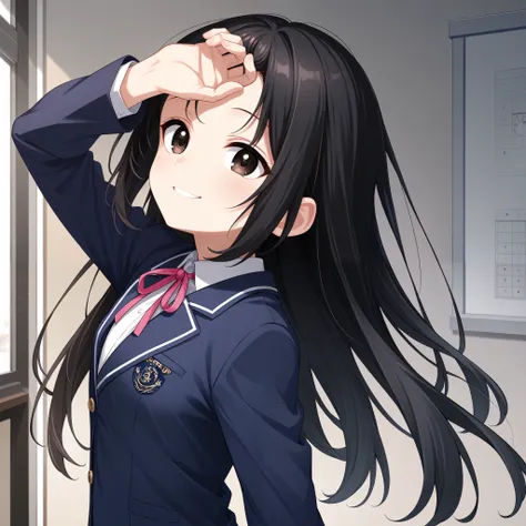 putting the back of her hand on her forehead、Smile refreshingly、 long black hair、dark brown eyes、 navy blue blazer、Light in the upper left corner of the screen
