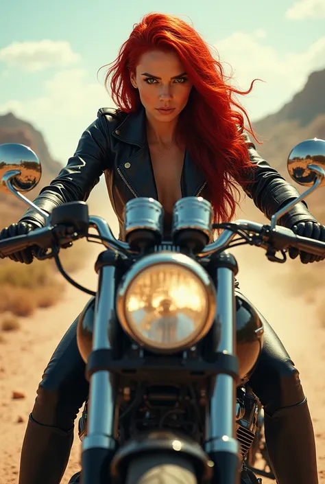  Woman,red-haired, light eyes , by motorcycle