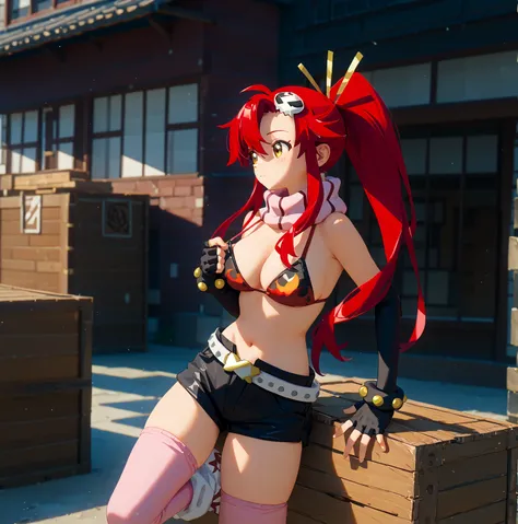 One woman、yoko littner,  Bikini Top 、 wearing black gloves、 black hotpants、 white belt、 wearing pink knee-high socks、I'm leaning against a wooden box 、I'm slouching 、Clear skies、sunny、market、Brick Building、 detailed hands