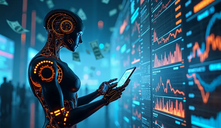 A futuristic stock market scene where sleek, glowing robot with intricate mechanical designs analyze real-time data streams on holographic screens. The background is a vast digital space filled with floating dollar bills, each one shimmering with a translu...