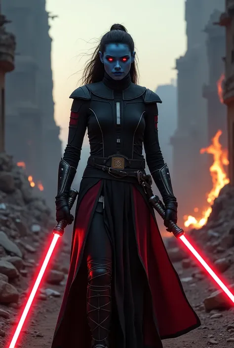 "On a war-torn planet, a Sith warrior with entirely blue skin and intense red eyes stands in an ancient fortress ruin. She wears a black and red outfit made of reinforced fabric and light armor, offering both agility and protection. Metal gauntlets adorn h...