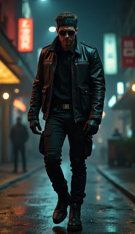 A young male man in black motorcycle leather,  sunglasses,  leather gloves,  leather cargo pants, leather boots with long shaft,  bandana headband , In the street at night 