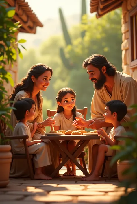  A biblical family sharing a simple meal on a sunny patio.  The mother serves bread to a smiling  ,  as the father helps an old man sit down . The scene conveys affection and generosity , 3d animation, disney pixar style