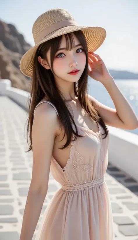 ｛A perfectly realistic, high-definition, high-quality, full body photo of women wearing a straw hat on a street in downtown Santorini with sea view.｝
A full-body photograph of a beautiful and attractive 20-year-old woman in every respect.
A strong light sh...