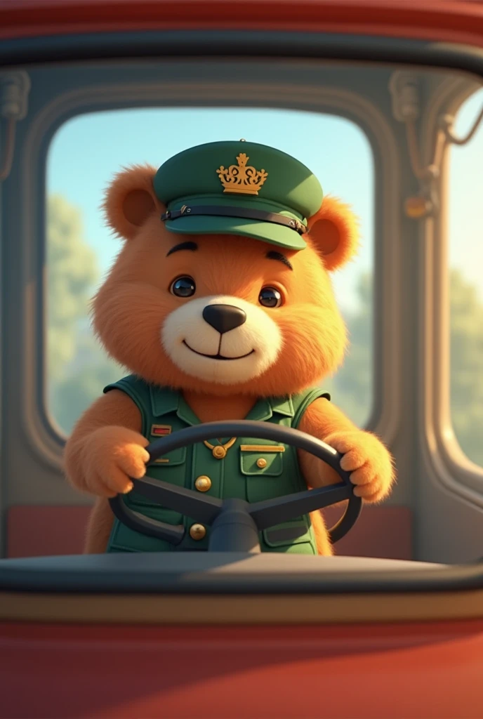 Cartoon bear. Driving train car. Front view. Photographed thru the front windov. He is cute, wearing dusty green uniform. He is fluffy. Smiling with mouth closed. 