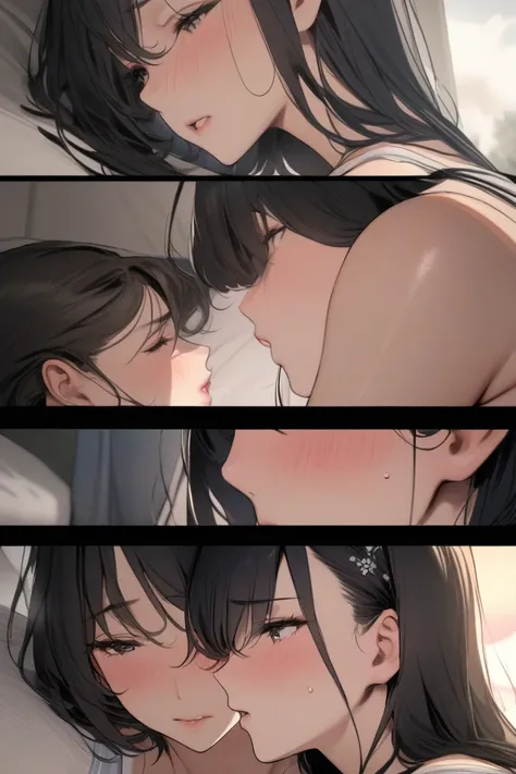 top quality, masterpiece,  Hi-Res, 8k, (2 girls ),  (((face shot))),   wearing sexy nightwear, １People have big breasts, black hair, short hair, futanari, and a tent at their crotch can be seen through their clothes, １ people who look away with a sad expre...