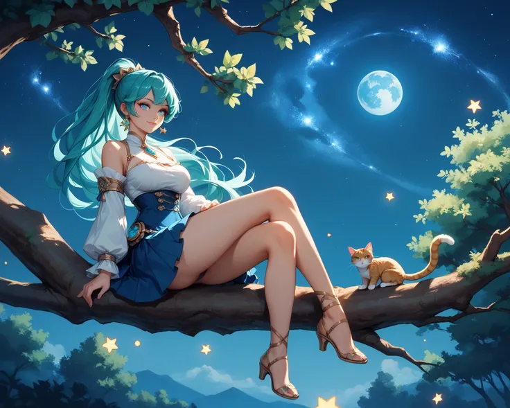 Anime woman,turquoise long hair,ponytail,blue eyes, sitting on a tree branch,with cat,, at night, starry night,دقة عالية, عمل رائع, دقيق, من الأسفل, 