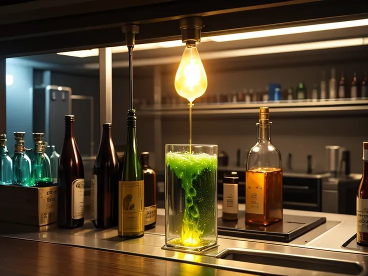 underground secret laboratory　researcher　Laboratory equipment　 glowing green liquid test tube such as an alcohol lamp　アルコールランプなど　