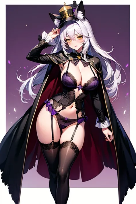 (((sexy purple color lingerie))),SistermonNoir, 1girl, solo, long hair, large breasts, silver hair, black thighhighs, long sleeves, animal ears, cleavage, yellow eyes, cape, (((sexy purple color lingerie))),black cat -shaped cloak on its head, hotel casino