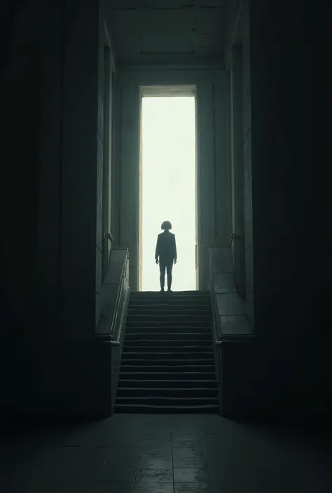 A person at the door of some stairs in a side perspective