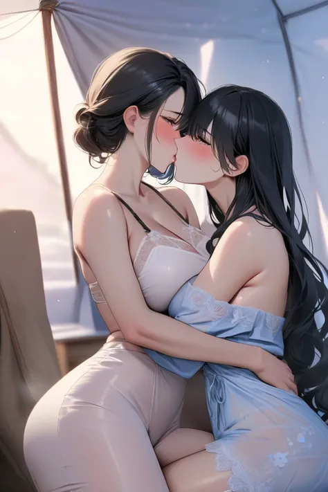 top quality, masterpiece,  Hi-Res, 8k, (2 girls ),  (((face shot))),   wearing sexy nightwear, １People have big breasts, black hair, short hair, futanari, and a tent at their crotch can be seen through their clothes, １ people who look away with a sad expre...