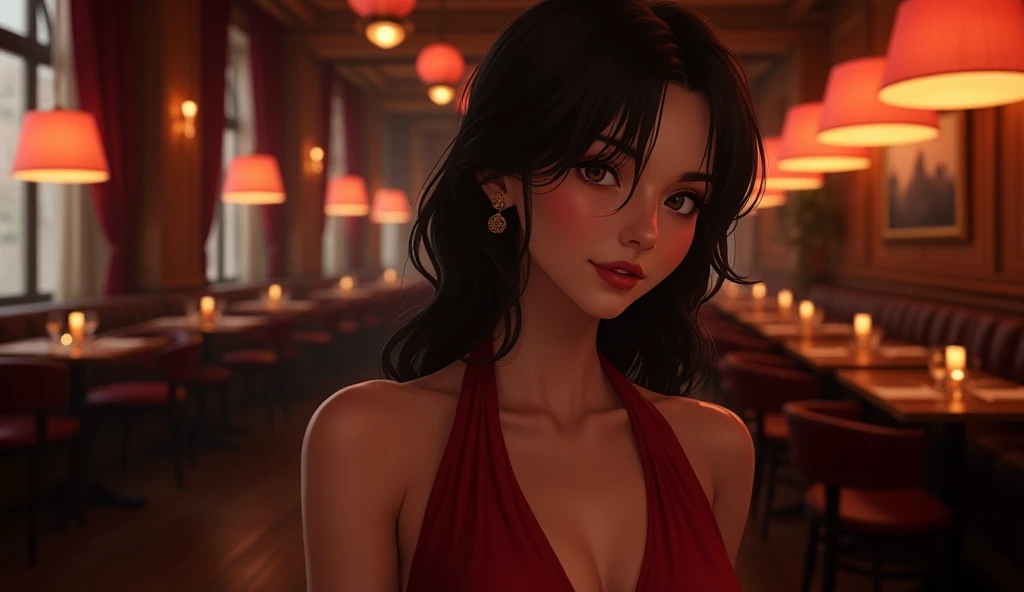 A highly realistic, semi-photorealistic image of an elegant woman in a sophisticated jazz lounge. She wears a deep red cocktail dress, her gaze captivating and confident. The setting is a dimly lit jazz club with warm ambient lighting, polished wood furnis...