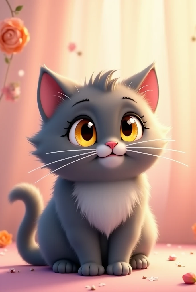 A cute Disney-like wallpaper of my all-gray Persian cat, Expressive big yellow eyes, Chubby girl is very hairy