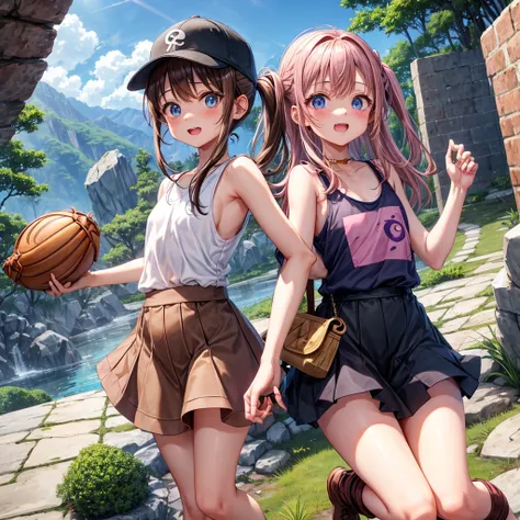  pink brown brown hair、  blue eyes、  Has hair tied  、Two cute people、  check mini skirt、  black t-shirt、 Light clothing、  tank top、  camisole with thick pubic hair、 high socks、 Boots、 teeth inside、The stone is cracked、  The Road Is Crooked 、Mountain々、fog、 ...