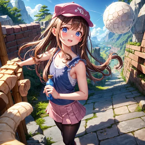  pink brown brown hair、  blue eyes、  Has hair tied  、Two cute people、  check mini skirt、  black t-shirt、 Light clothing、  tank top、  camisole with thick pubic hair、 high socks、 Boots、 teeth inside、The stone is cracked、  The Road Is Crooked 、Mountain々、fog、 ...