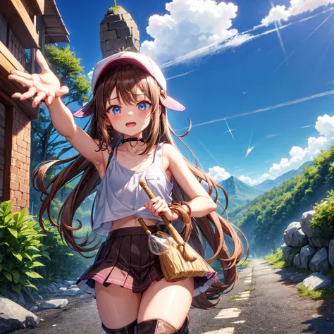  pink brown brown hair、  blue eyes、  Has hair tied  、Two cute people、  check mini skirt、  black t-shirt、 Light clothing、  tank top、  camisole with thick pubic hair、 high socks、 Boots、 teeth inside、The stone is cracked、  The Road Is Crooked 、Mountain々、fog、 ...