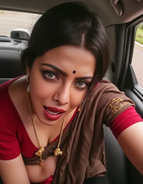 (Masterpiece), (cinematic quality), woman, top down pov of woman in car, lusty blue eyes, deep clevage, inside costly car, windows closed, bright sunny day, outside view, red blouse and black saree, round black bindi in forehead, mangalsutra, red thick glo...