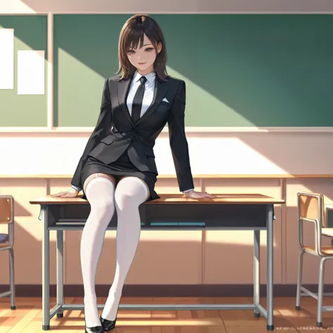 asian woman in a suit sitting on a desk in a classroom, thighhighs and skirt, wearing a strict business suit, in a classroom, in strict suit, in a strict suit, full length and white stockings, wearing headmistress uniform, sitting on a desk, a hyperrealist...