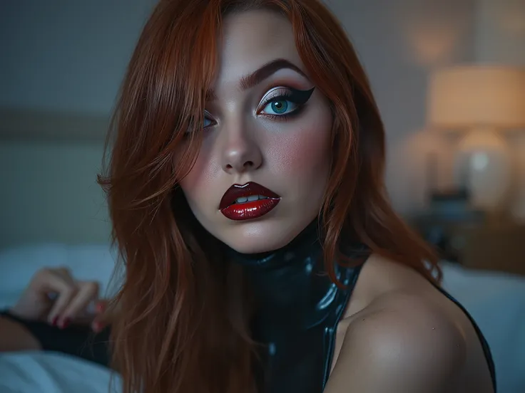 deep red lips, lip gloss, shiny lips, eyeliner flicks, thick eyeliner, latex outfit, cute makeup, red hair, blue eyes, bedroom