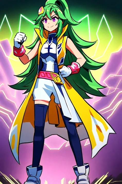   1 girl,Alone,Strong Will ,  green hair,    clenching my right fist   ,  your hair bounces off  , sleeveless,   long hair,chest,ハンドレス gloves  ,smile,Winning Spirit, is closed,   Pretty Cure,Gundam,Yu-Gi-Oh!!!, Glen Lagan, TONE UP ,    purple eyes, lively,...