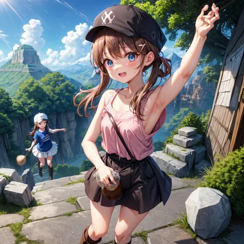  pink brown brown hair、  blue eyes、  Has hair tied  、Two cute people、  check mini skirt、  black t-shirt、 Light clothing、  tank top、  camisole with thick pubic hair、 high socks、 Boots、 teeth inside、The stone is cracked、  The Road Is Crooked 、Mountain々、fog、 ...