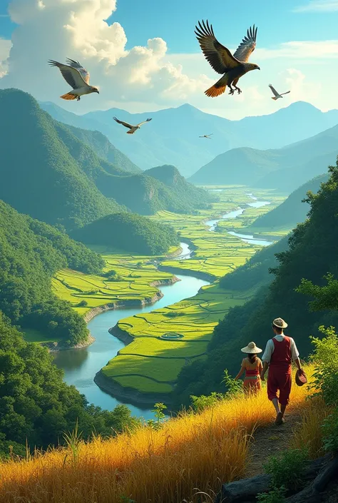 A sweeping landscape with rolling hills, winding rivers, and lush fields could dominate the composition. Visualize vibrant colors representing nature: green for the fertile land, blue for the river, and warm hues to symbolize the people’s connection to the...