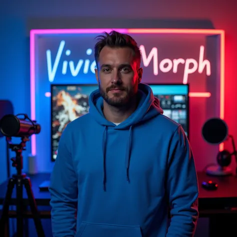 An American 30 years old man standing in his YouTube studio. He is wearing a bright blue  hoodie.
His face is clearly visible and expressive despite. The man is looking directly at the camera. The studio background is illuminated with vibrant neon lights i...