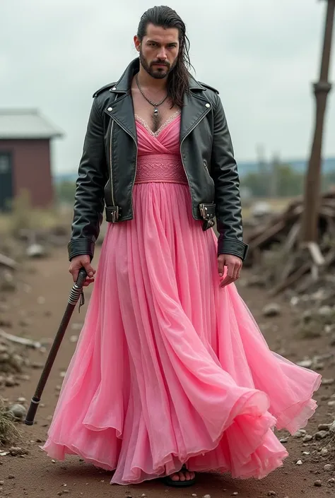 Negan walking dead portant un robe rose 