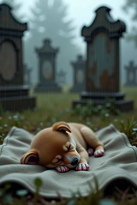  Realistic photo, Sad newborn dog, tiny, blanket, abandonment, cemetery, old, rain, tombstone