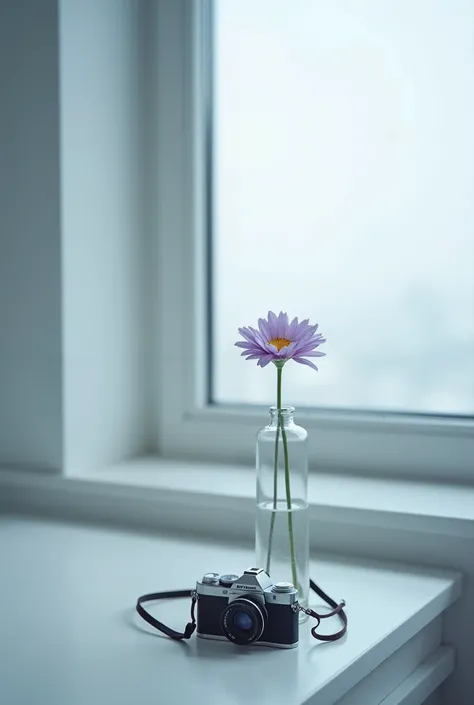 By the window of the white hospital room、A camera and a light purple chrysanthemum flower are placed