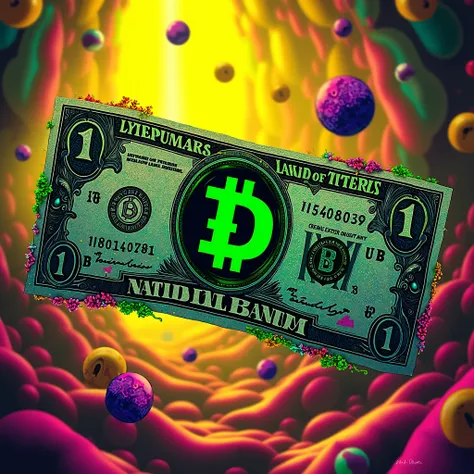 A dollar bill with green logo of a 'Digicoin' similar like bitcoin , made with green 'D'  in the middle  , acid style  , drugs colours , high quality detalis , high quality , yellow colours , acid theme , add also some red theme , with inscription ' Nation...