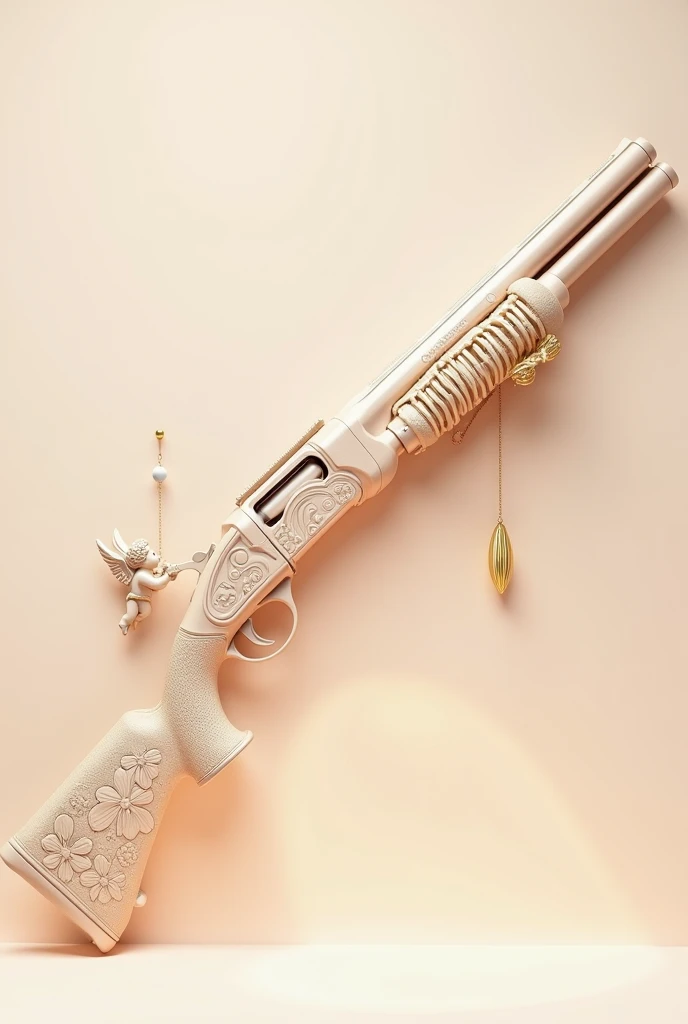  3d model of a divine tactical shotgun in beige and pink tones, a small Cupid figurine hangs on the handle of a shotgun.The background is empty 